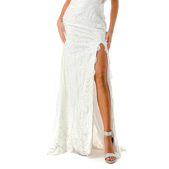 New Sheath Off White Long Wedding Gown w/ Halter Neck & Floral Lace TC MS0022 - Picture 5 of 8